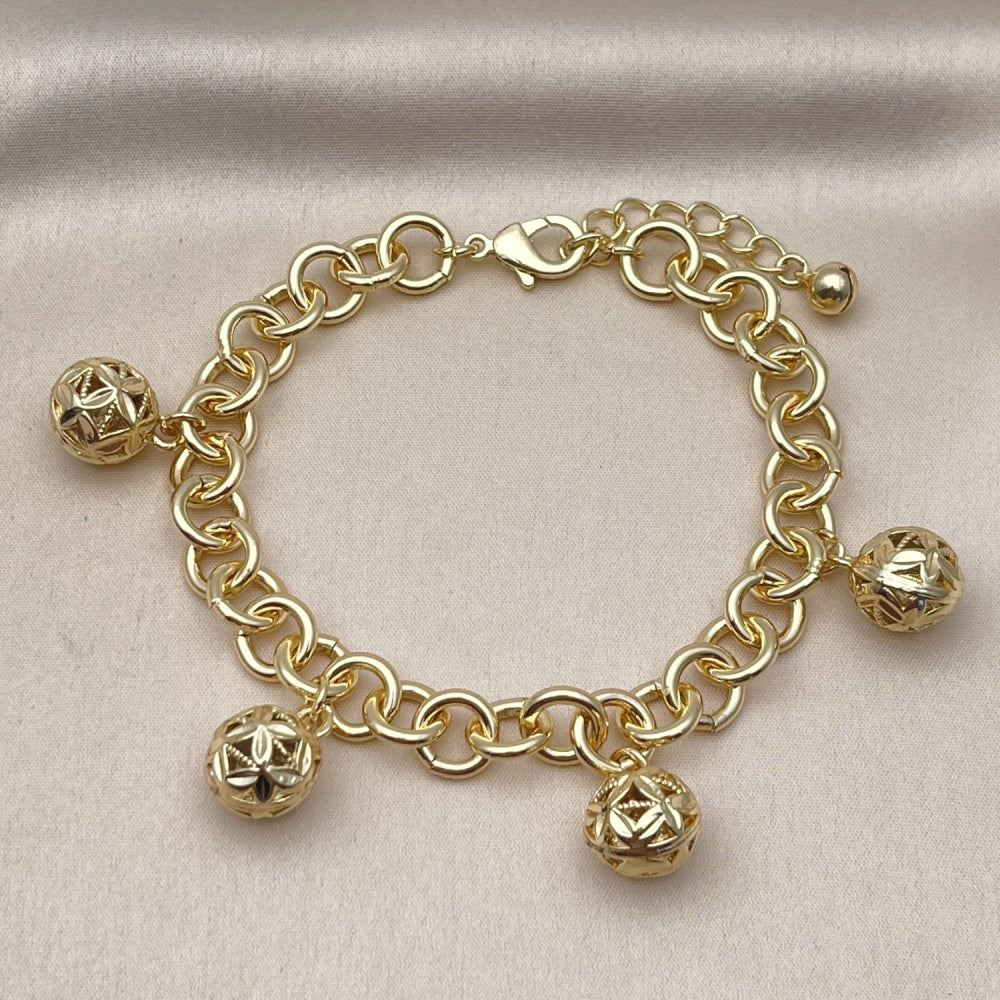 Oro Laminado Charm Bracelet, Gold Filled Style Ball and Rolo Design, Diamond Cutting Finish, Golden Finish