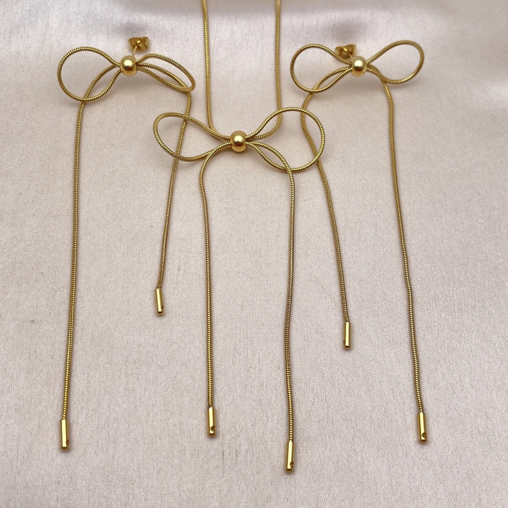 Stainless Steel Necklace and Earring, Bow and Rat Tail Design, Polished, Golden Finish
