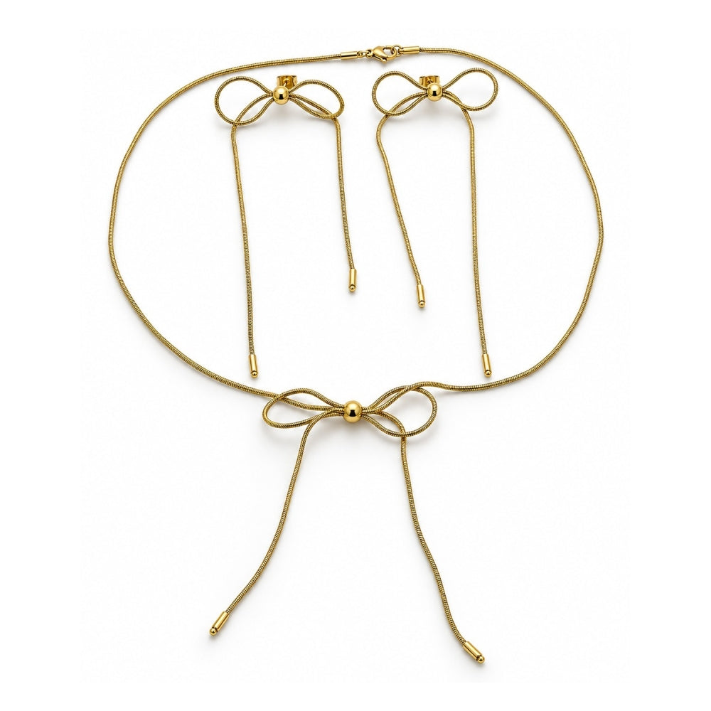 Stainless Steel Necklace and Earring, Bow and Rat Tail Design, Polished, Golden Finish