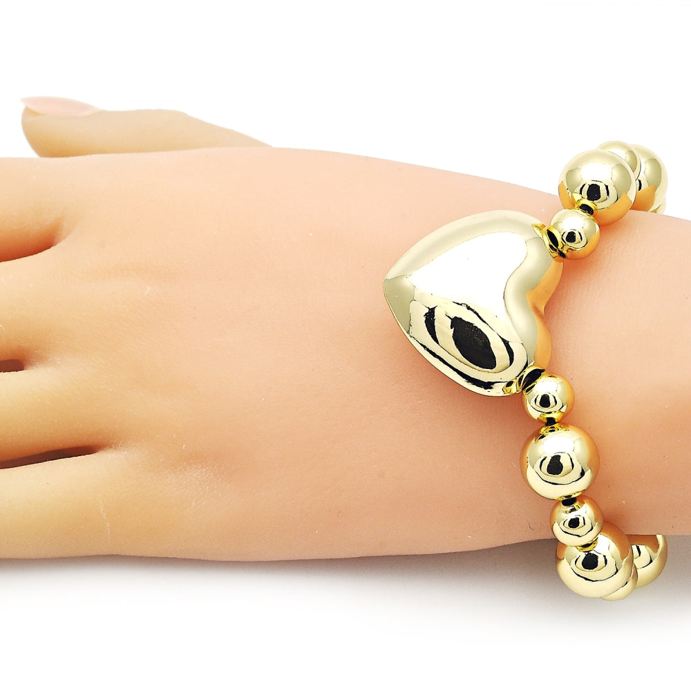 Oro Laminado Fancy Bracelet, Gold Filled Style Heart and Ball Design, Polished, Golden Finish