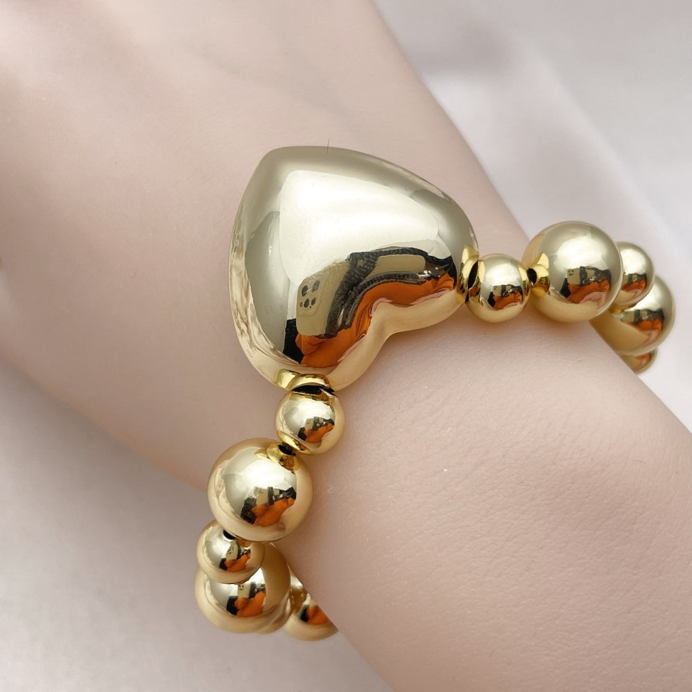 Oro Laminado Fancy Bracelet, Gold Filled Style Heart and Ball Design, Polished, Golden Finish