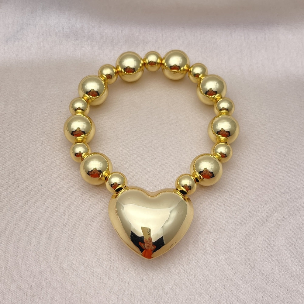 Oro Laminado Fancy Bracelet, Gold Filled Style Heart and Ball Design, Polished, Golden Finish