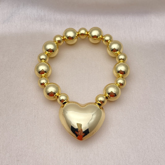 Oro Laminado Fancy Bracelet, Gold Filled Style Heart and Ball Design, Polished, Golden Finish