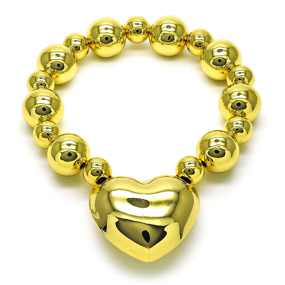 Oro Laminado Fancy Bracelet, Gold Filled Style Heart and Ball Design, Polished, Golden Finish