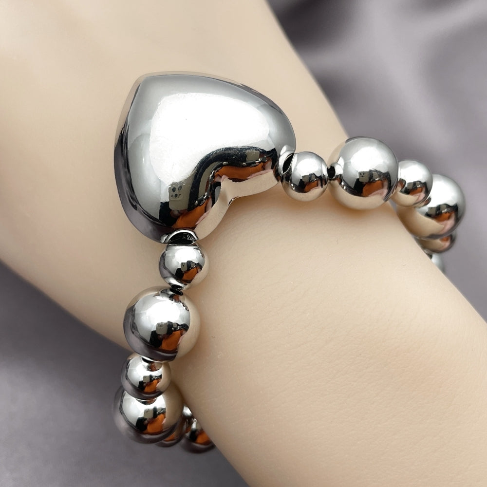 Rhodium Gold Filled Fancy Bracelet, Heart and Ball Design, Polished, Rhodium Finish