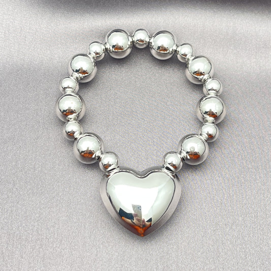 Rhodium Gold Filled Fancy Bracelet, Heart and Ball Design, Polished, Rhodium Finish