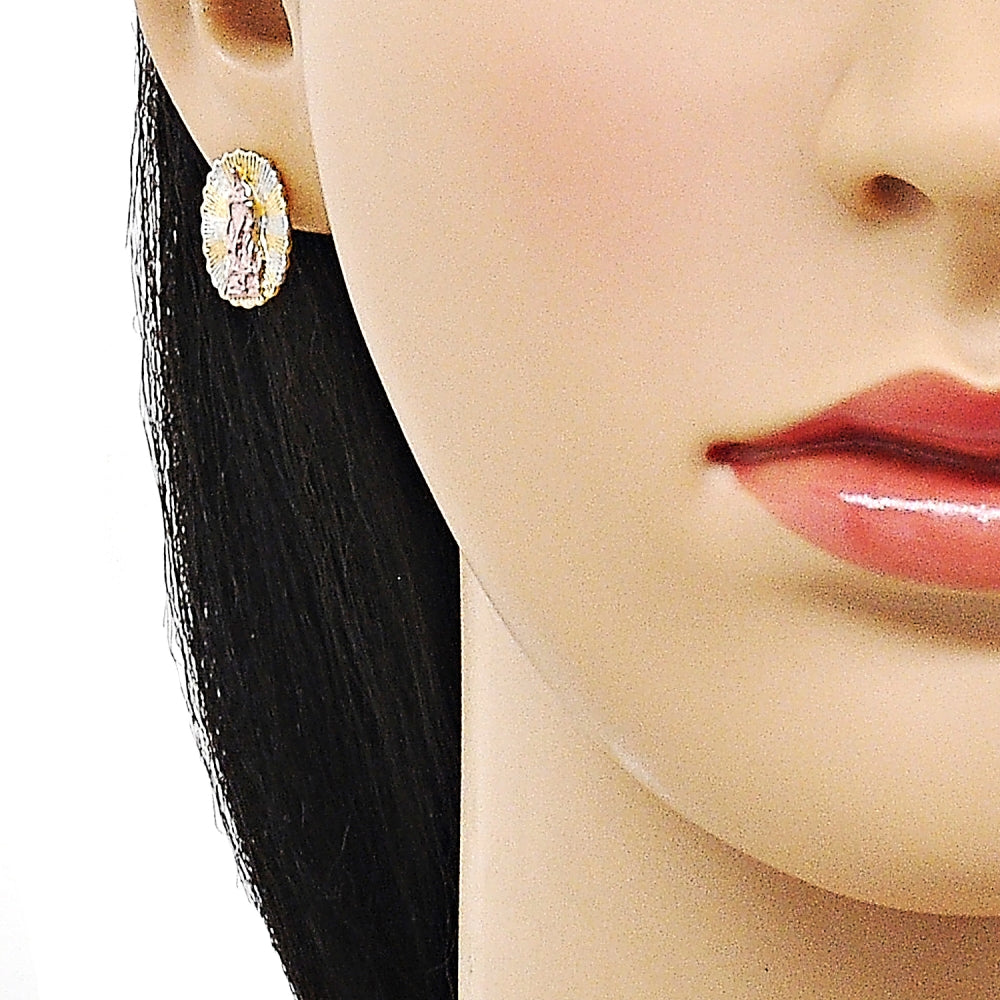 Oro Laminado Stud Earring, Gold Filled Style Guadalupe Design, Diamond Cutting Finish, Tricolor