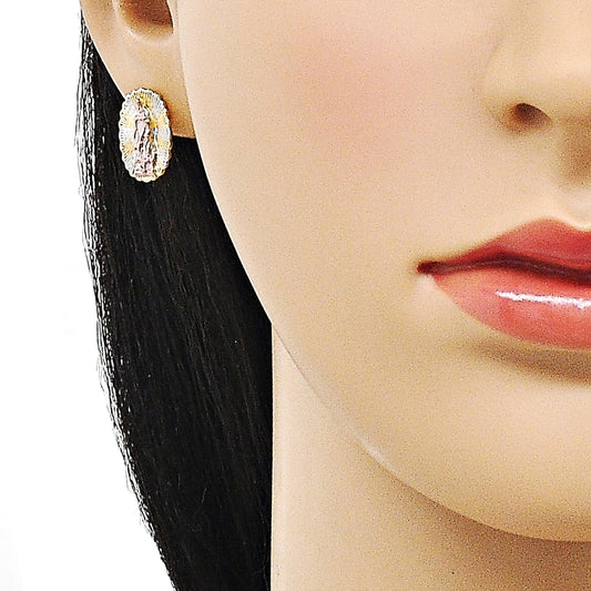 Oro Laminado Stud Earring, Gold Filled Style Guadalupe Design, Diamond Cutting Finish, Tricolor