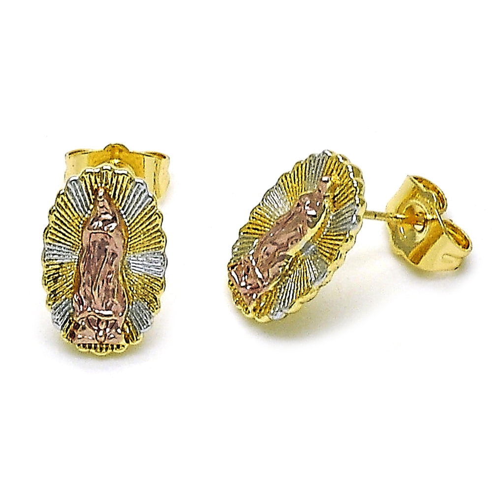 Oro Laminado Stud Earring, Gold Filled Style Guadalupe Design, Diamond Cutting Finish, Tricolor