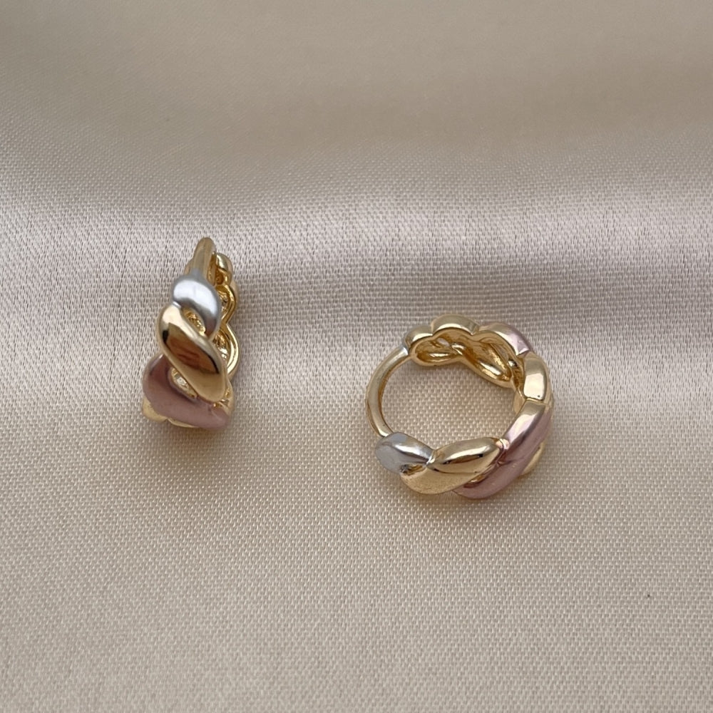 Oro Laminado Huggie Hoop, Gold Filled Style Twist Design, Polished, Tricolor