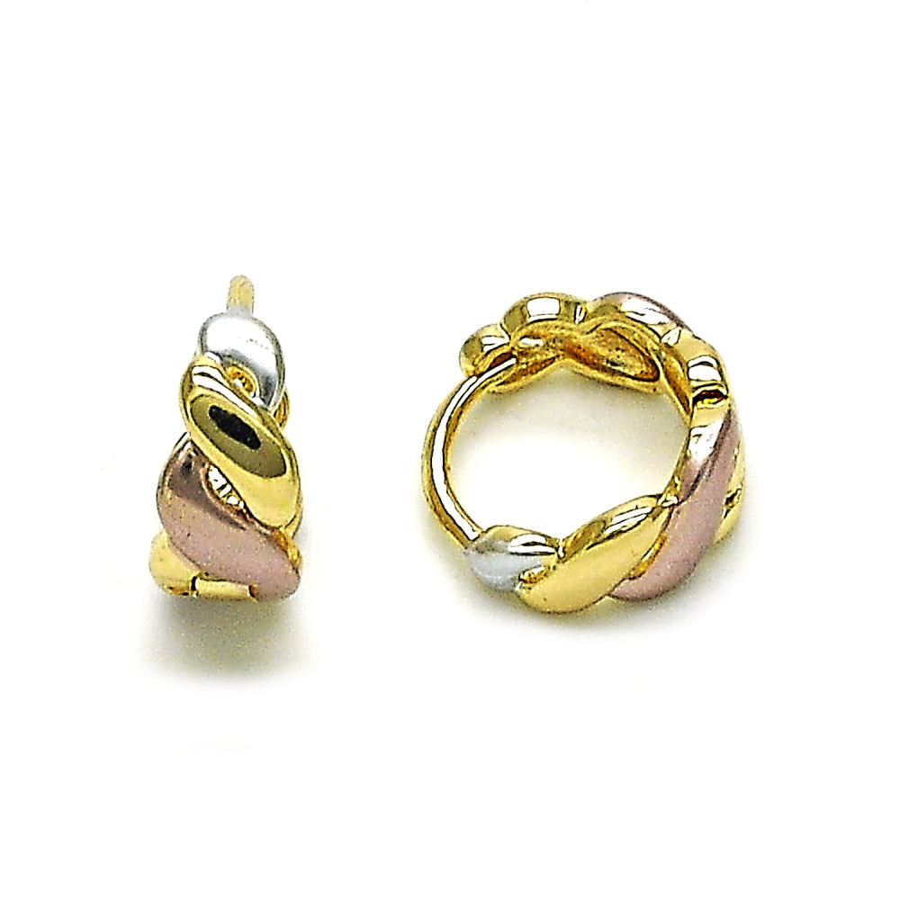 Oro Laminado Huggie Hoop, Gold Filled Style Twist Design, Polished, Tricolor