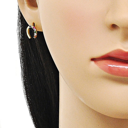 Oro Laminado Stud Earring, Gold Filled Style Horseshoe Design, with Multicolor Cubic Zirconia, Polished, Golden Finish