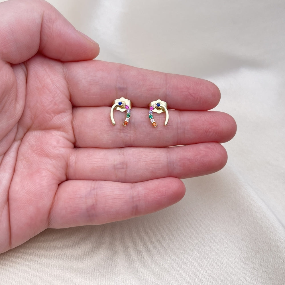 Oro Laminado Stud Earring, Gold Filled Style Horseshoe Design, with Multicolor Cubic Zirconia, Polished, Golden Finish