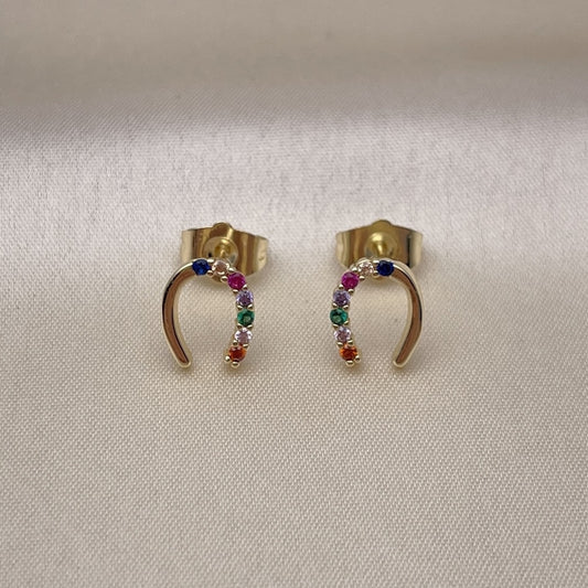 Oro Laminado Stud Earring, Gold Filled Style Horseshoe Design, with Multicolor Cubic Zirconia, Polished, Golden Finish
