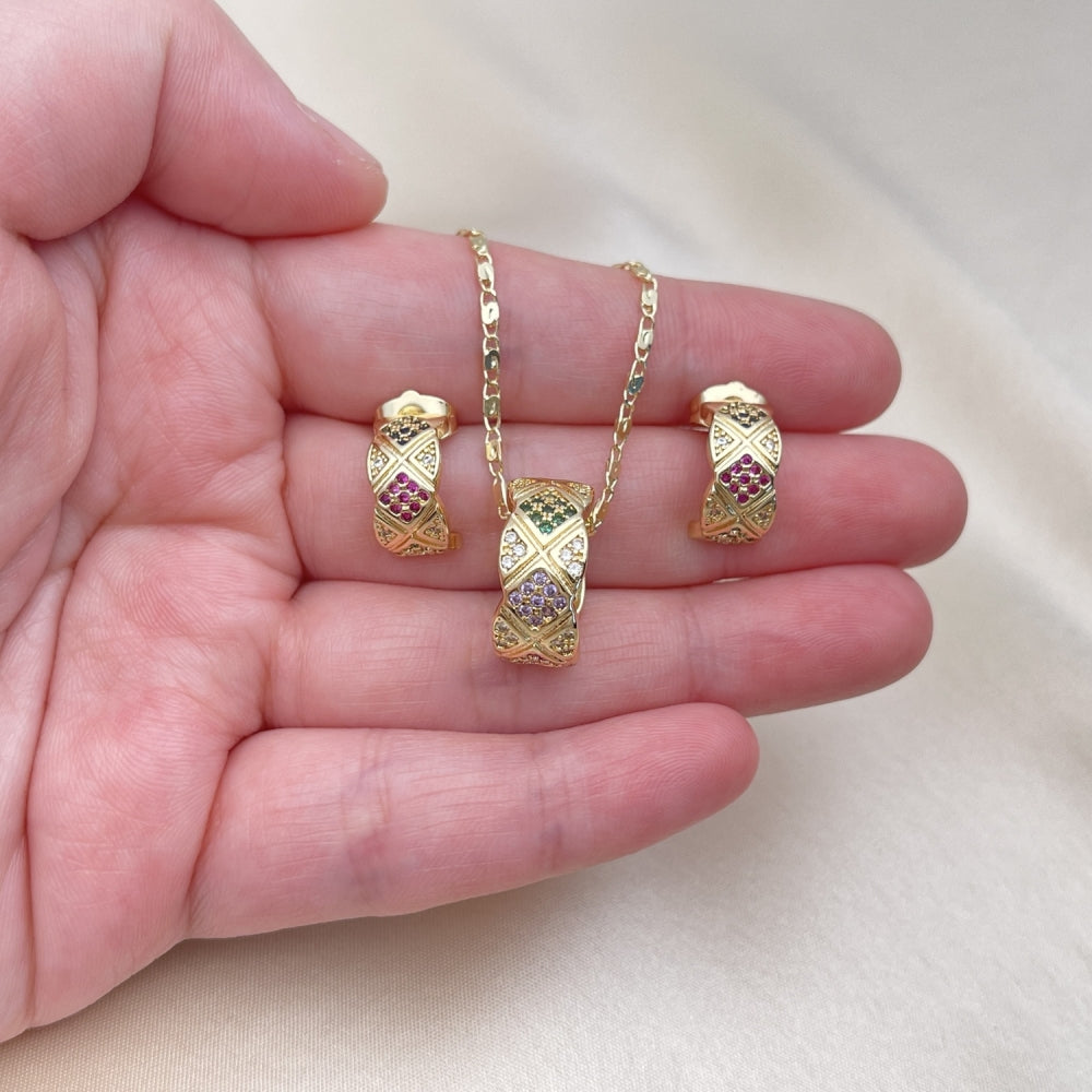 Oro Laminado Earring and Pendant Adult Set, Gold Filled Style with Multicolor Micro Pave, Polished, Golden Finish