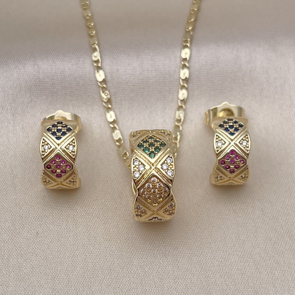 Oro Laminado Earring and Pendant Adult Set, Gold Filled Style with Multicolor Micro Pave, Polished, Golden Finish