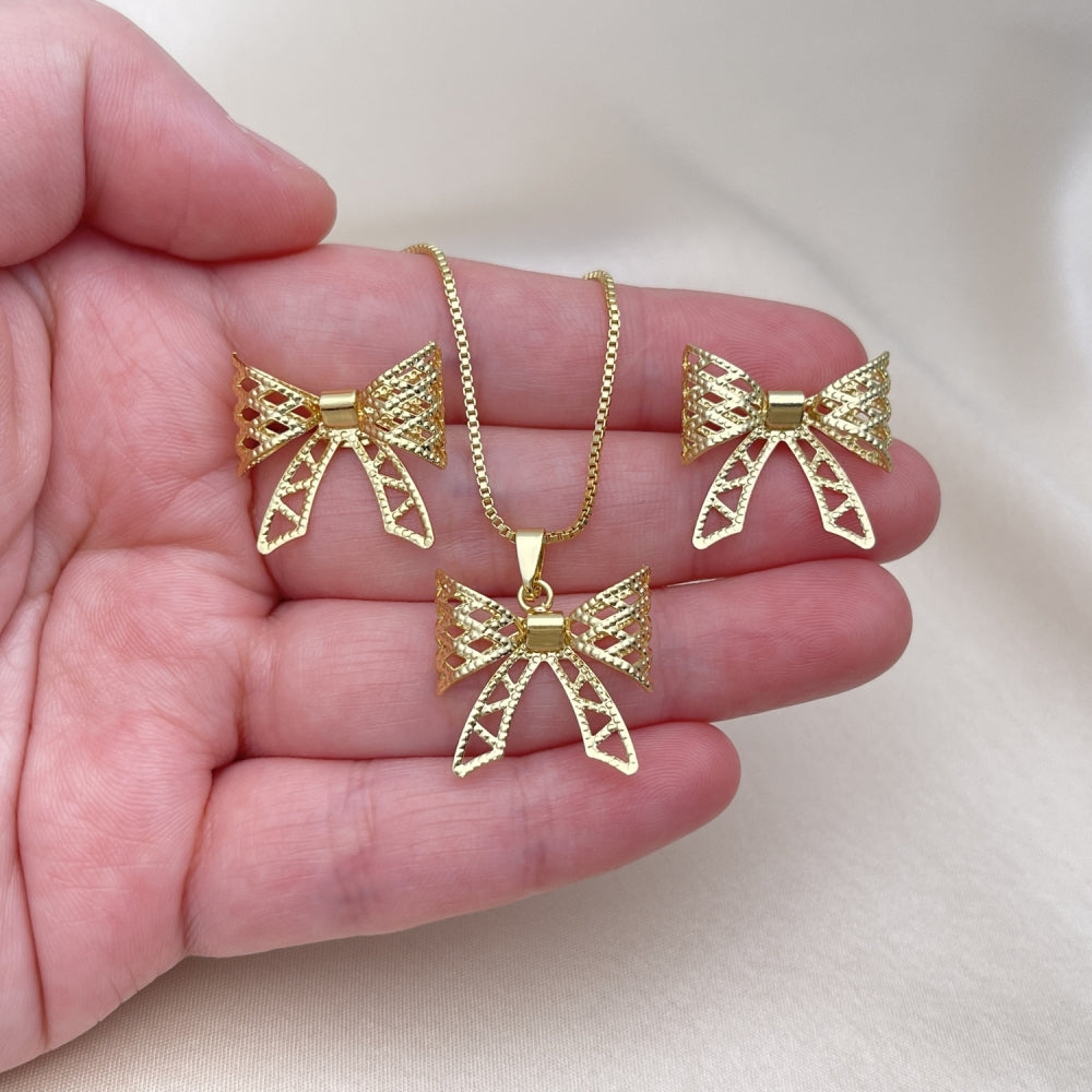 Oro Laminado Earring and Pendant Adult Set, Gold Filled Style Bow and Filigree Design, Diamond Cutting Finish, Golden Finish