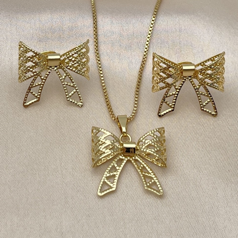 Oro Laminado Earring and Pendant Adult Set, Gold Filled Style Bow and Filigree Design, Diamond Cutting Finish, Golden Finish