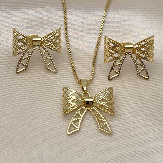 Oro Laminado Earring and Pendant Adult Set, Gold Filled Style Bow and Filigree Design, Diamond Cutting Finish, Golden Finish