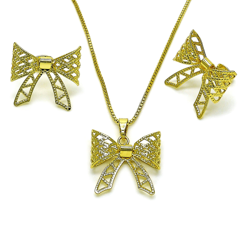 Oro Laminado Earring and Pendant Adult Set, Gold Filled Style Bow and Filigree Design, Diamond Cutting Finish, Golden Finish