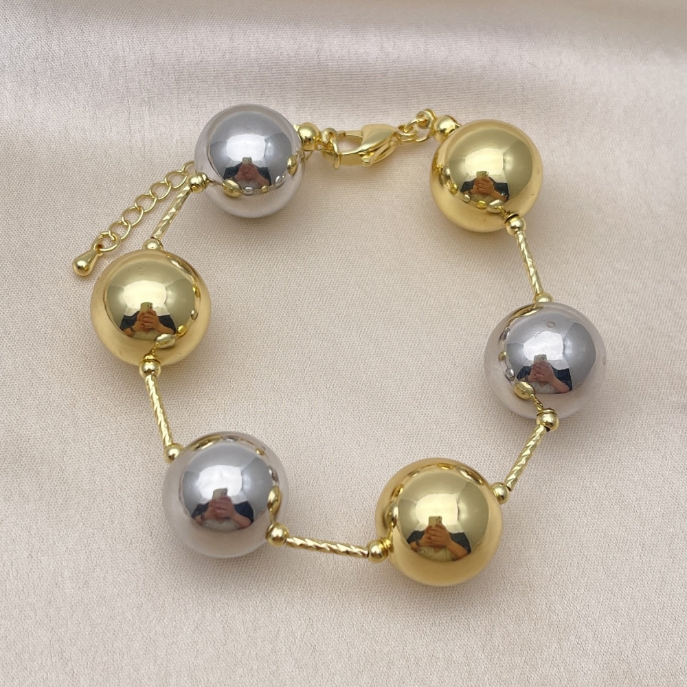 Oro Laminado Fancy Bracelet, Gold Filled Style Ball and Hollow Design, Polished, Two Tone
