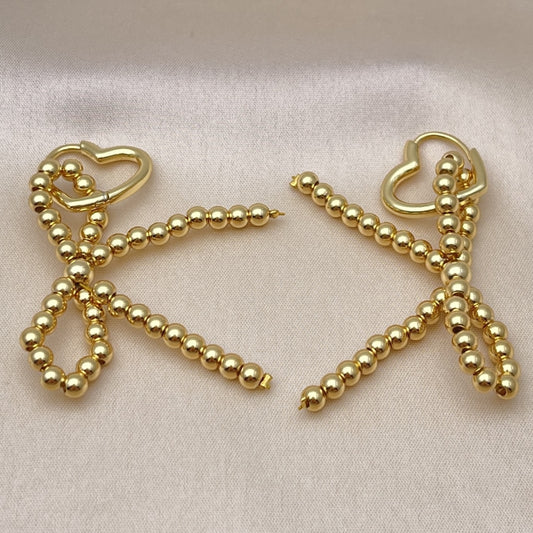 Oro Laminado Dangle Earring, Gold Filled Style Bow and Heart Design, Polished, Golden Finish