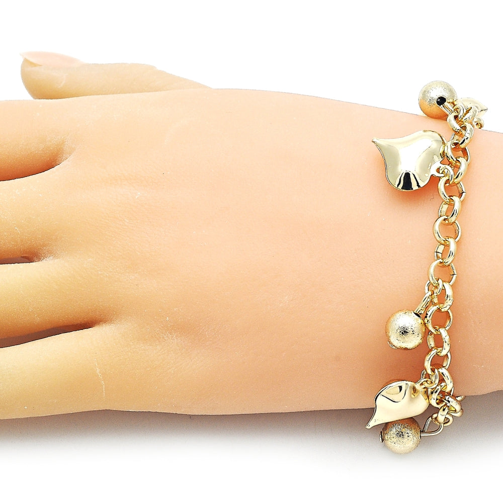 Oro Laminado Charm Bracelet, Gold Filled Style Heart and Ball Design, Polished, Golden Finish