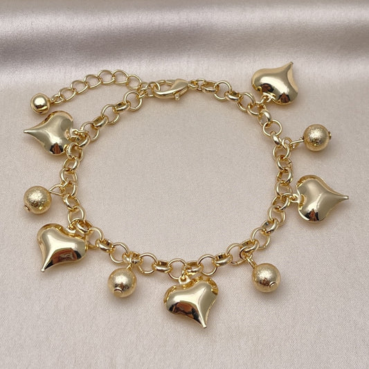 Oro Laminado Charm Bracelet, Gold Filled Style Heart and Ball Design, Polished, Golden Finish