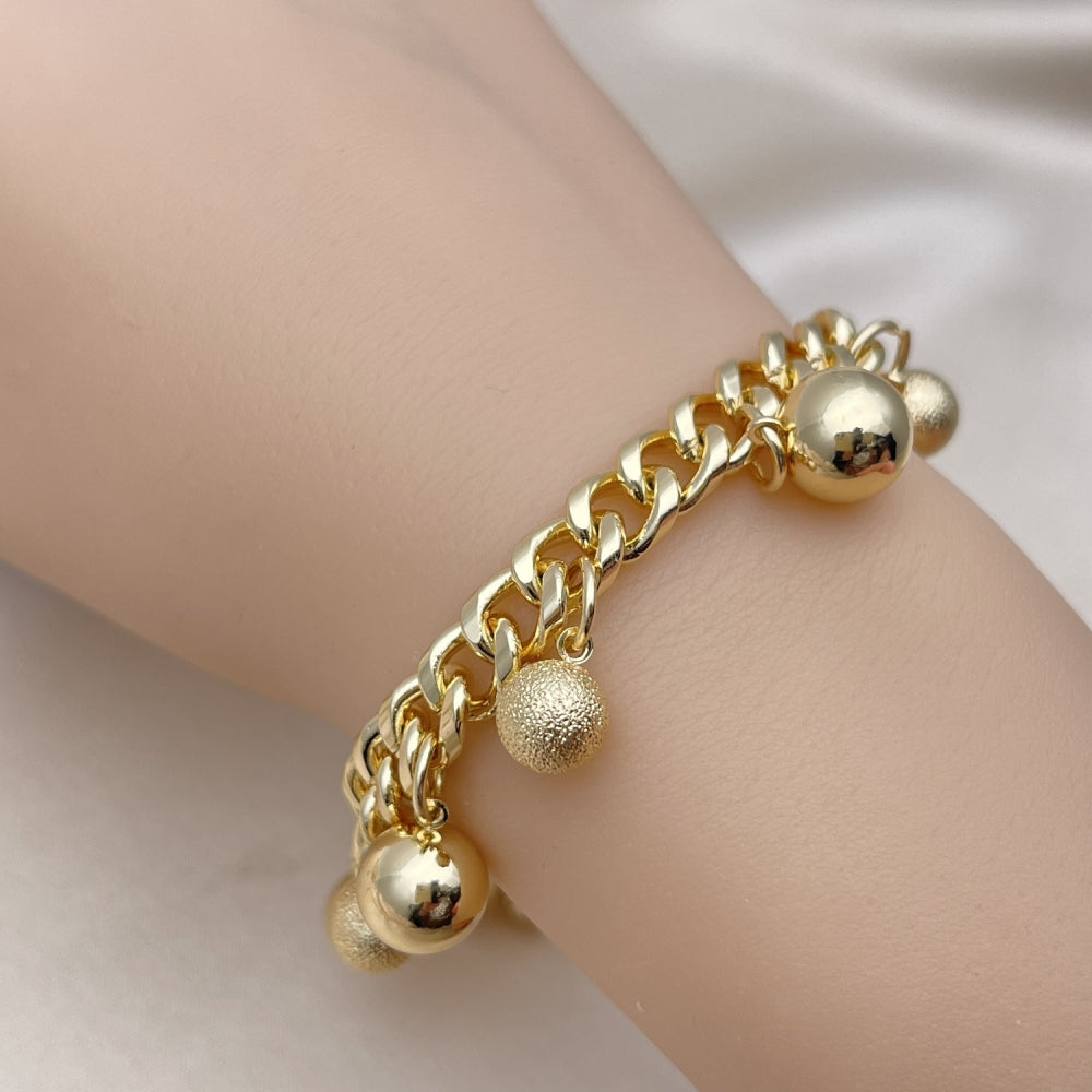 Oro Laminado Charm Bracelet, Gold Filled Style Ball and Miami Cuban Design, Polished, Golden Finish