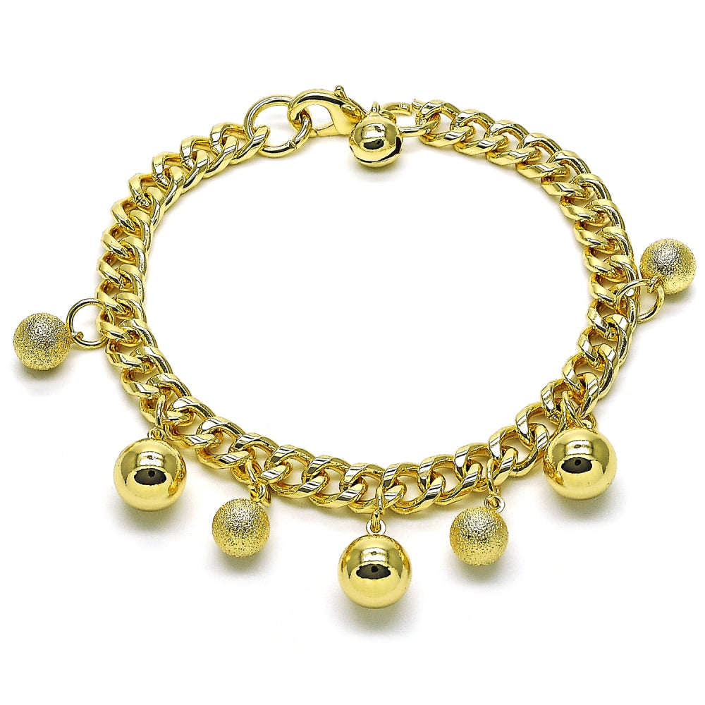 Oro Laminado Charm Bracelet, Gold Filled Style Ball and Miami Cuban Design, Polished, Golden Finish