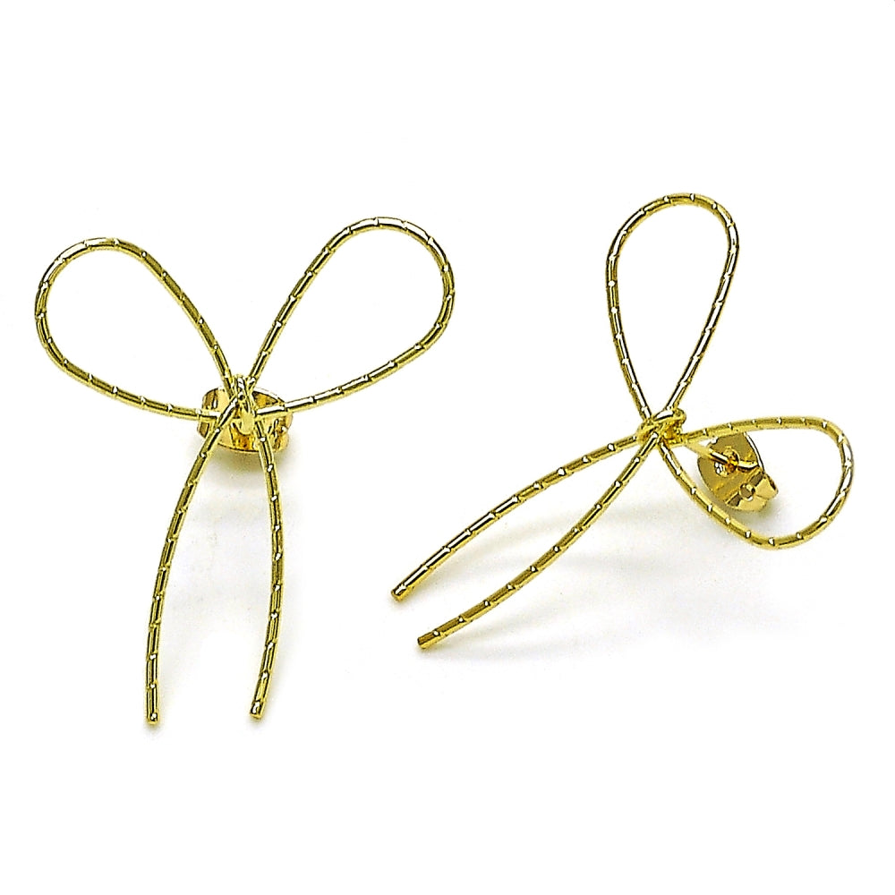 Oro Laminado Stud Earring, Gold Filled Style Bow Design, Diamond Cutting Finish, Golden Finish