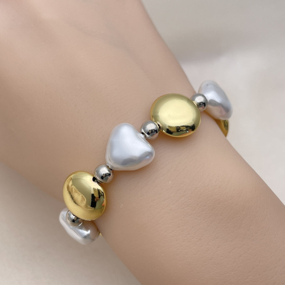Oro Laminado Adjustable Bolo Bracelet, Gold Filled Style Heart and Ball Design, with Ivory Pearl, Polished, Two Tone