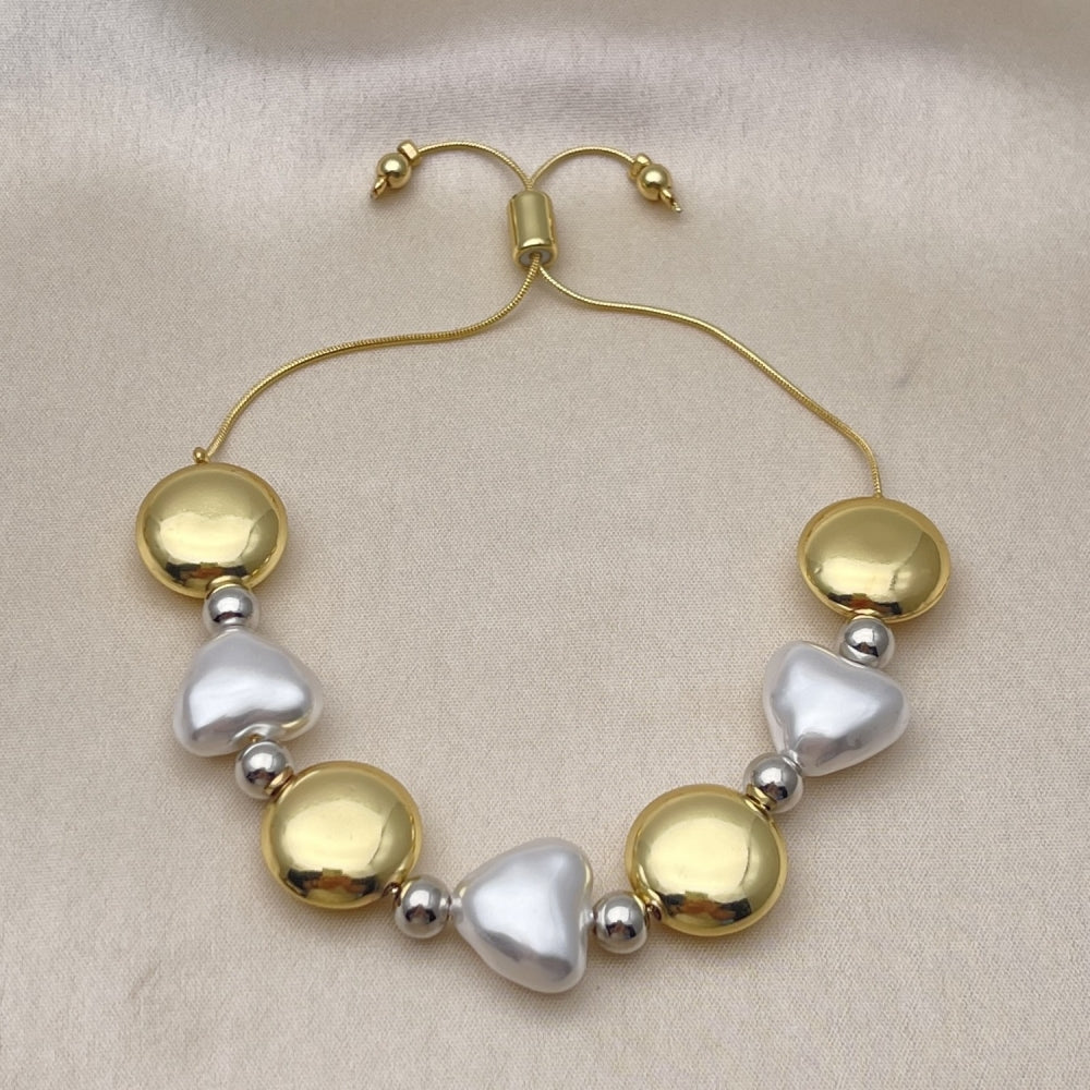 Oro Laminado Adjustable Bolo Bracelet, Gold Filled Style Heart and Ball Design, with Ivory Pearl, Polished, Two Tone