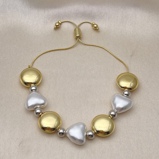 Oro Laminado Adjustable Bolo Bracelet, Gold Filled Style Heart and Ball Design, with Ivory Pearl, Polished, Two Tone
