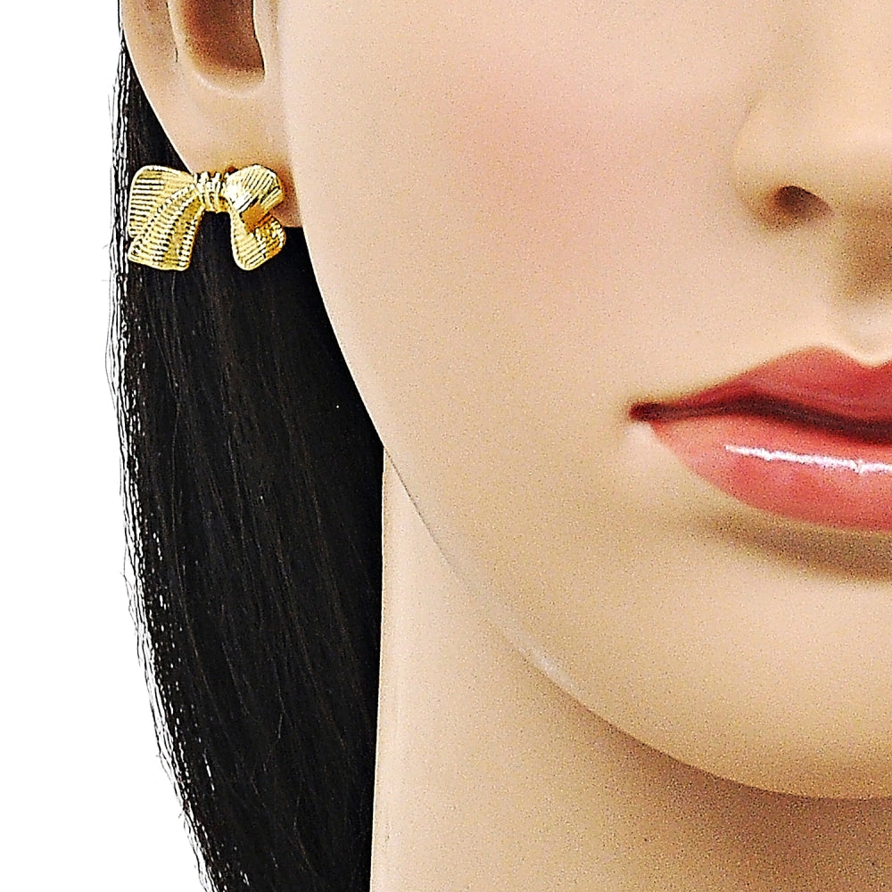 Oro Laminado Stud Earring, Gold Filled Style Bow Design, Diamond Cutting Finish, Golden Finish