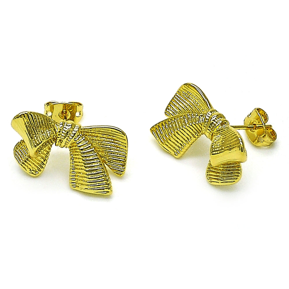 Oro Laminado Stud Earring, Gold Filled Style Bow Design, Diamond Cutting Finish, Golden Finish