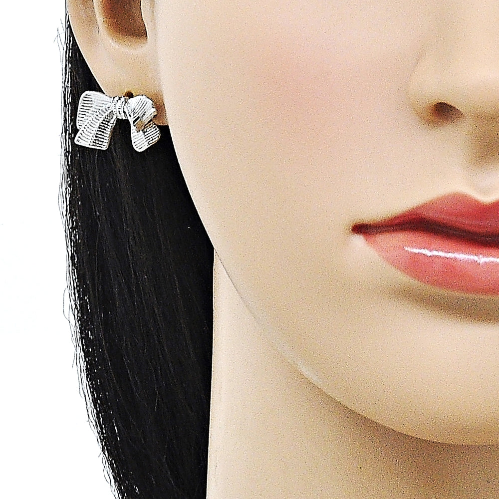 Rhodium Gold Filled Stud Earring, Bow Design, Diamond Cutting Finish, Rhodium Finish