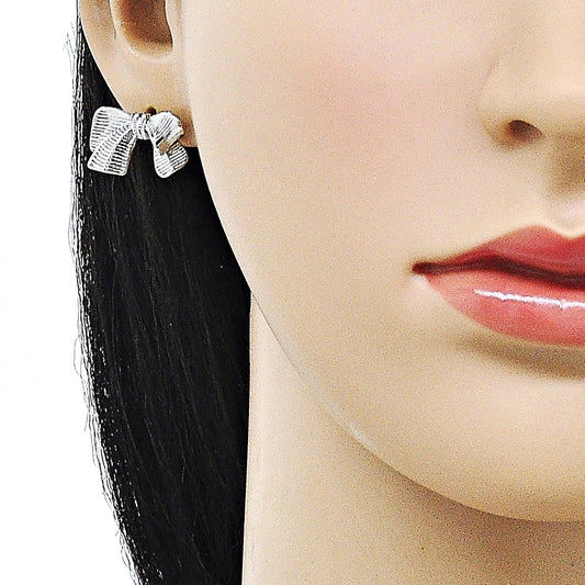 Rhodium Gold Filled Stud Earring, Bow Design, Diamond Cutting Finish, Rhodium Finish