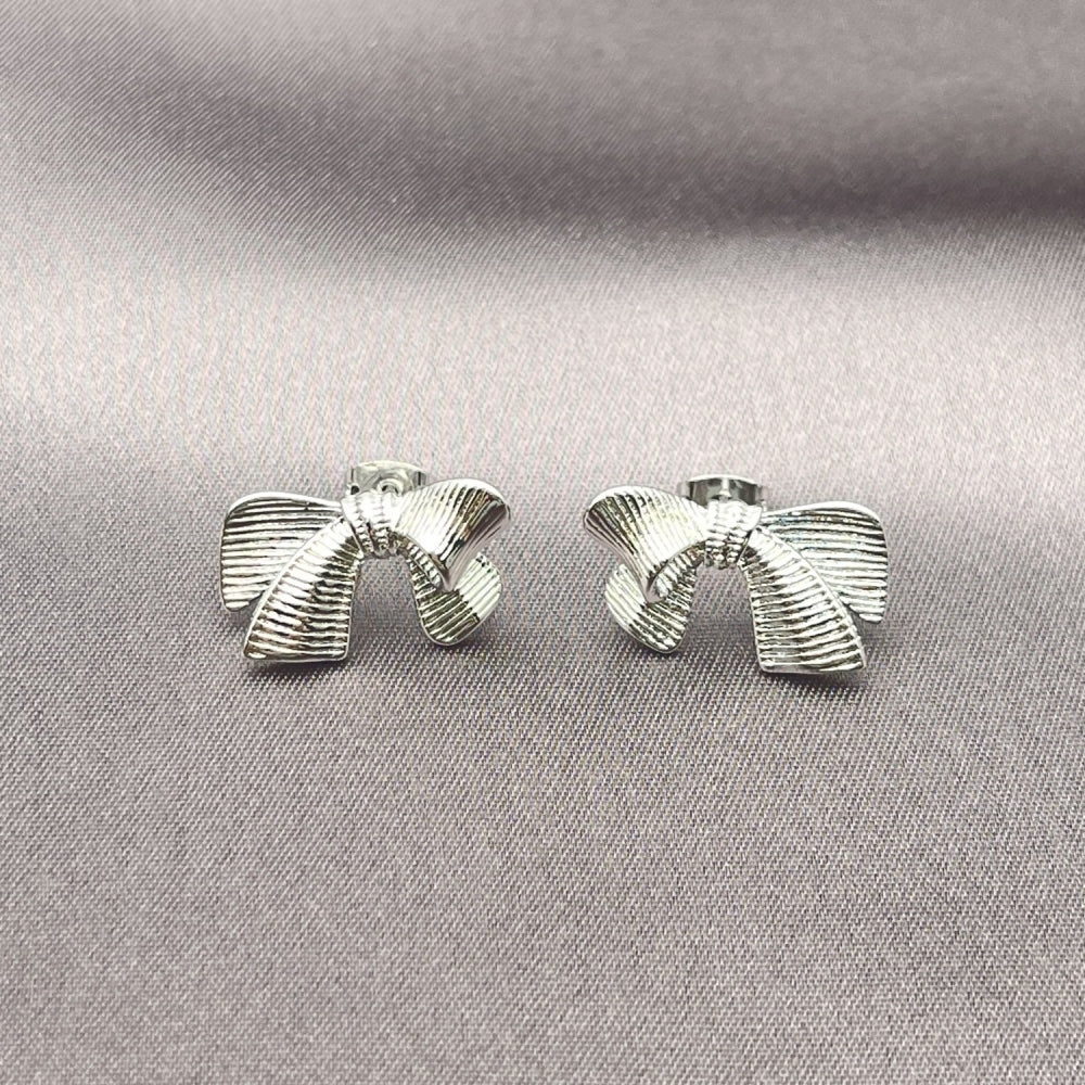 Rhodium Gold Filled Stud Earring, Bow Design, Diamond Cutting Finish, Rhodium Finish
