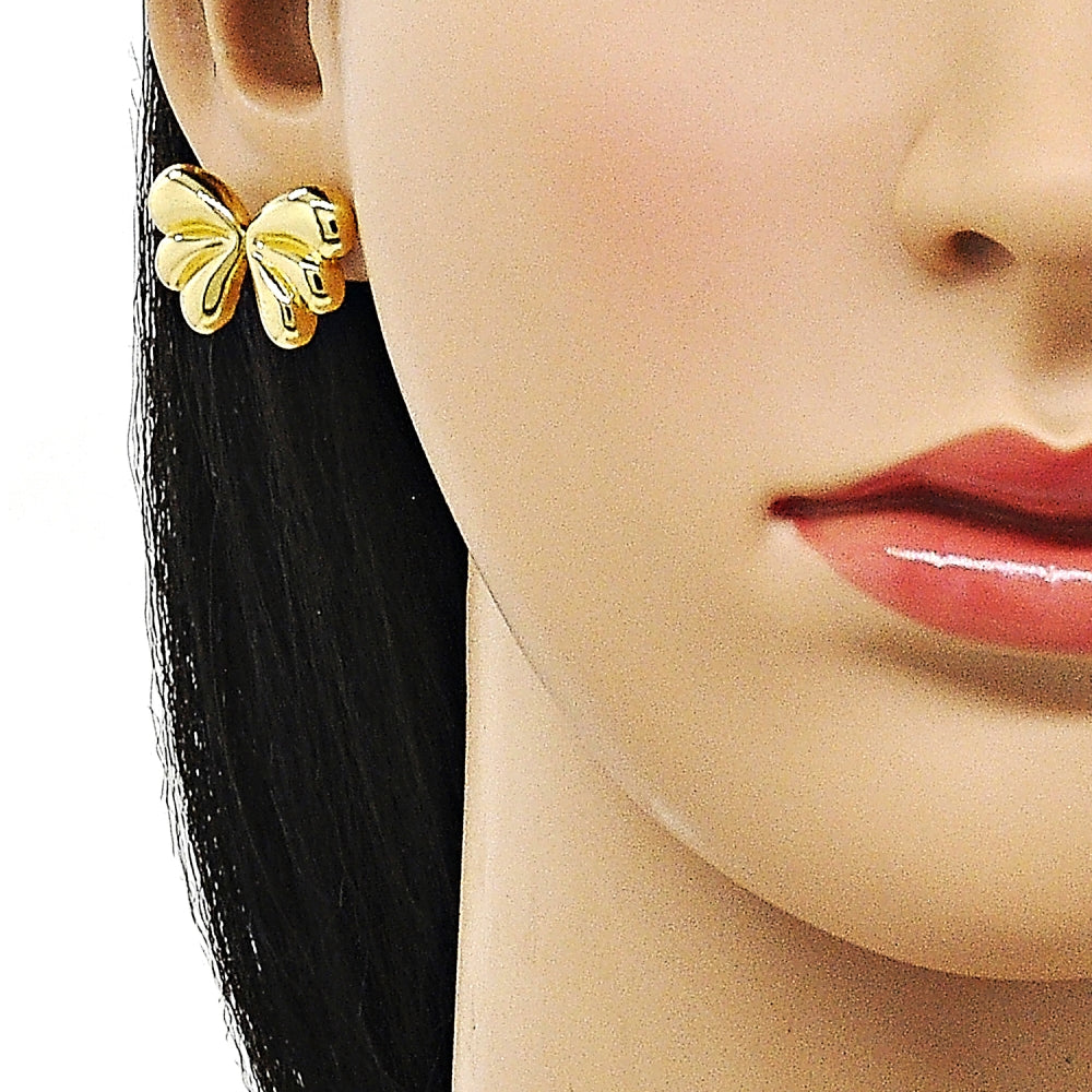 Oro Laminado Stud Earring, Gold Filled Style Bow Design, Polished, Golden Finish