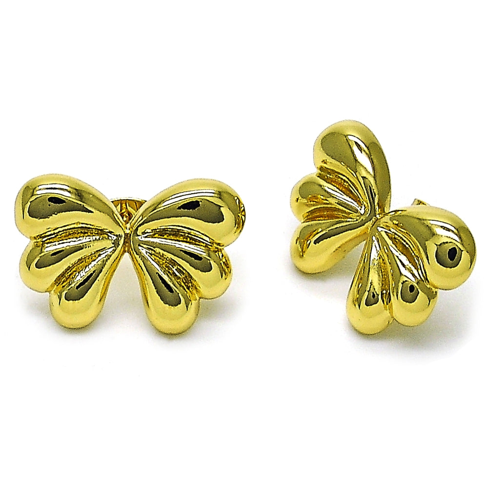Oro Laminado Stud Earring, Gold Filled Style Bow Design, Polished, Golden Finish