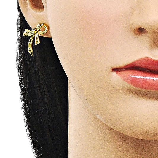 Oro Laminado Stud Earring, Gold Filled Style Bow Design, Polished, Golden Finish