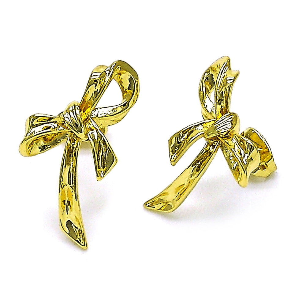 Oro Laminado Stud Earring, Gold Filled Style Bow Design, Polished, Golden Finish