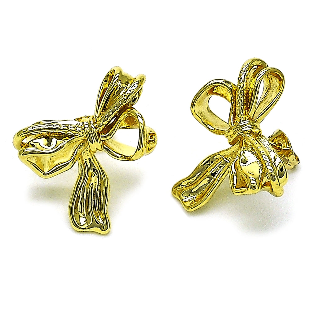 Oro Laminado Stud Earring, Gold Filled Style Bow Design, Polished, Golden Finish