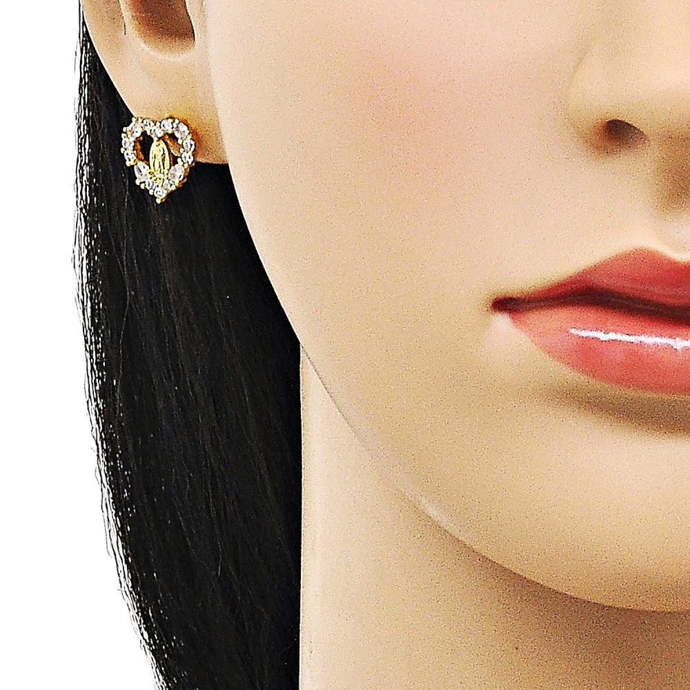 Oro Laminado Stud Earring, Gold Filled Style Guadalupe and Heart Design, with White Cubic Zirconia, Polished, Golden Finish