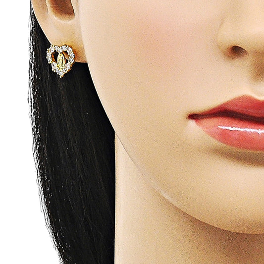 Oro Laminado Stud Earring, Gold Filled Style Guadalupe and Heart Design, with White Cubic Zirconia, Polished, Golden Finish