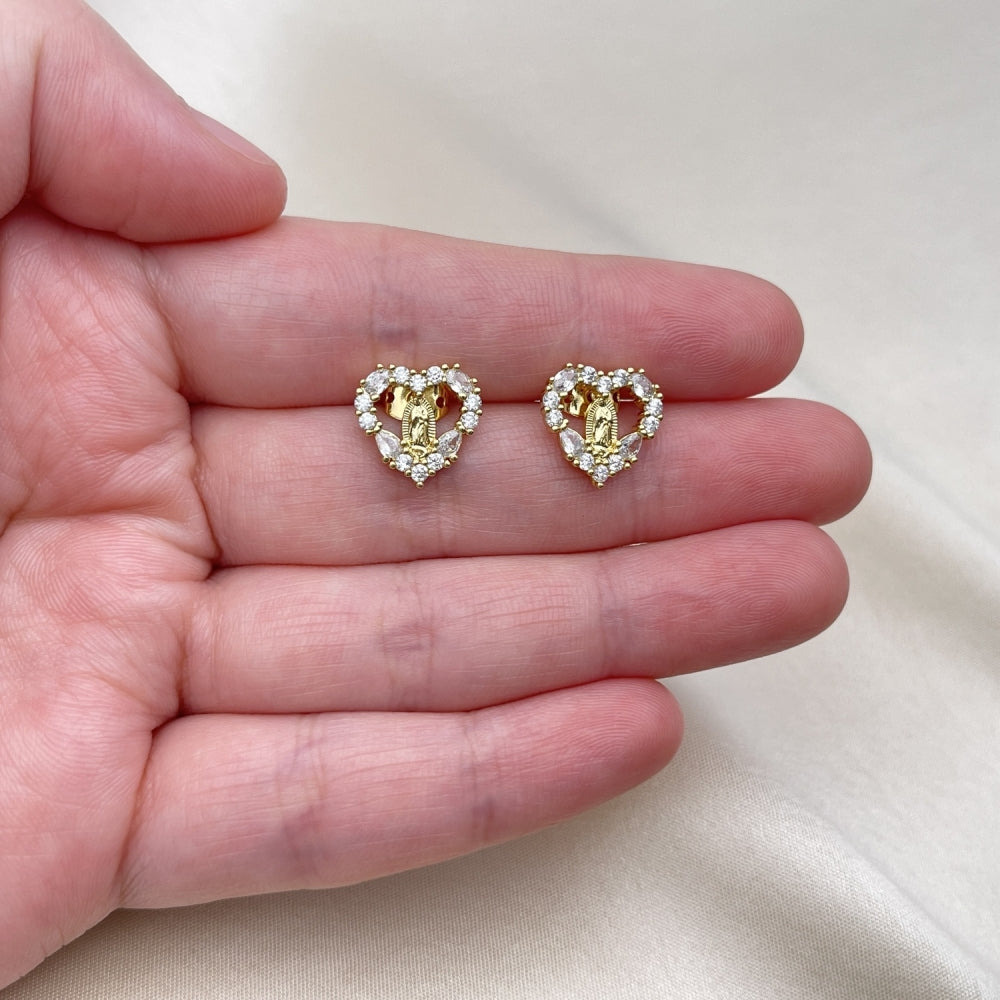 Oro Laminado Stud Earring, Gold Filled Style Guadalupe and Heart Design, with White Cubic Zirconia, Polished, Golden Finish