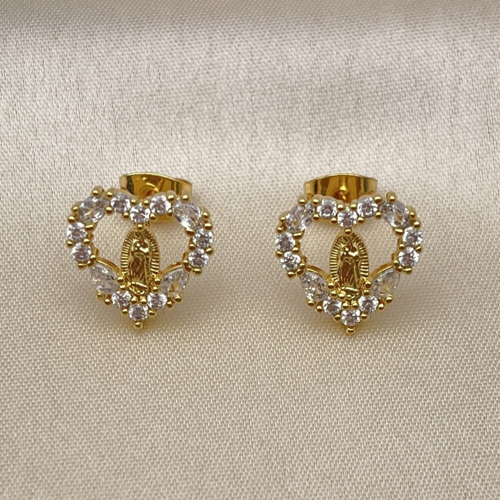 Oro Laminado Stud Earring, Gold Filled Style Guadalupe and Heart Design, with White Cubic Zirconia, Polished, Golden Finish