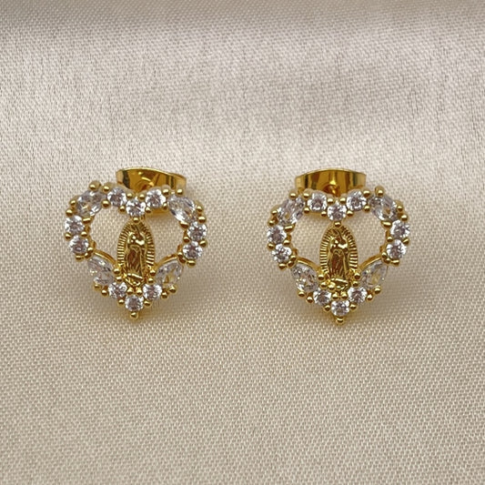 Oro Laminado Stud Earring, Gold Filled Style Guadalupe and Heart Design, with White Cubic Zirconia, Polished, Golden Finish