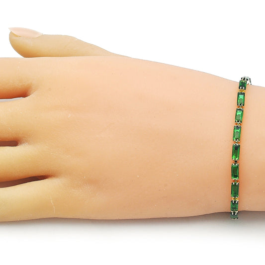 Oro Laminado Tennis Bracelet, Gold Filled Style Baguette Design, with Green Cubic Zirconia, Polished, Golden Finish